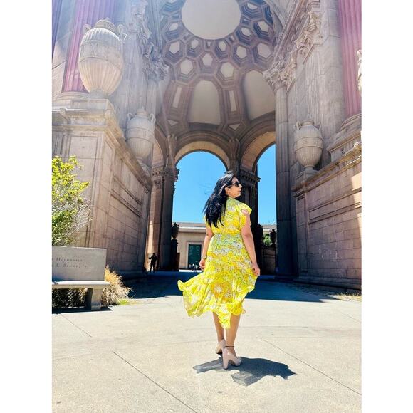 SHOSHANNA Yellow Floral Chiffon Short Flutter Sleeve Ruffle Hemline Dress size 0 - Picture 12 of 13